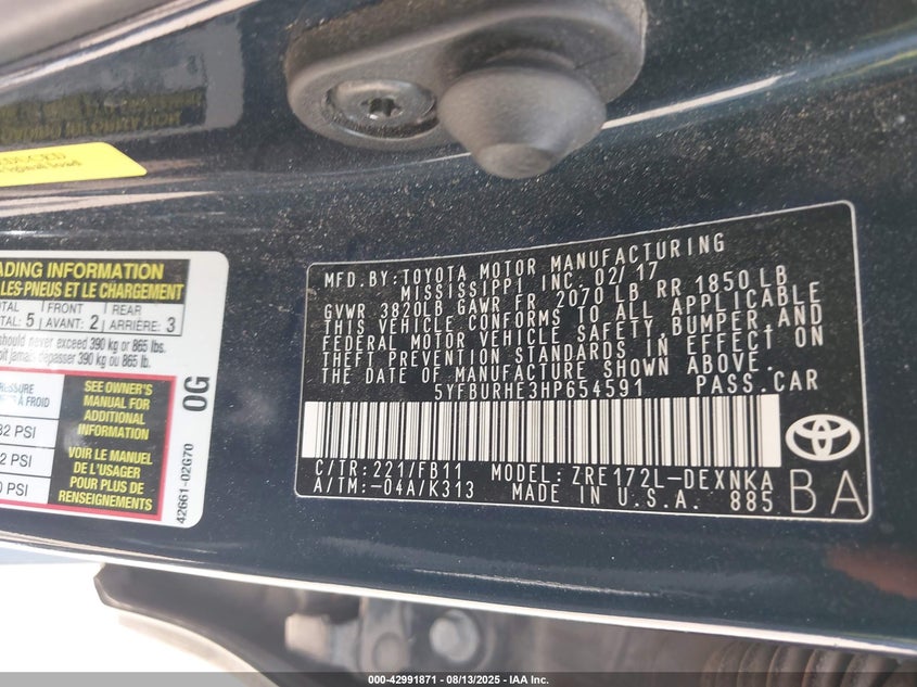 2017 Toyota Corolla Le VIN: 5YFBURHE3HP654591 Lot: 42991871