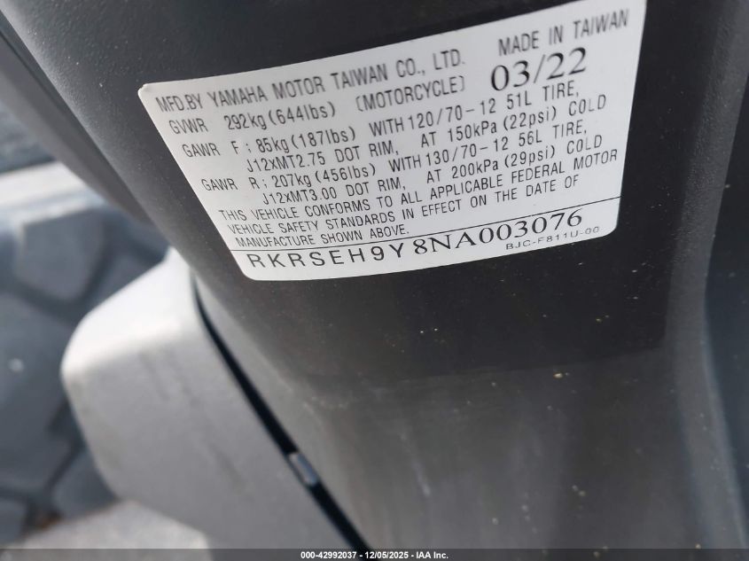 2022 Yamaha Yw125 VIN: RKRSEH9Y8NA003076 Lot: 42992037