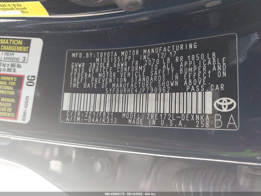 2018 Toyota Corolla L/Le/Se/Xle/Xse VIN: 5YFBURHE4JP79096 Lot: 42992175