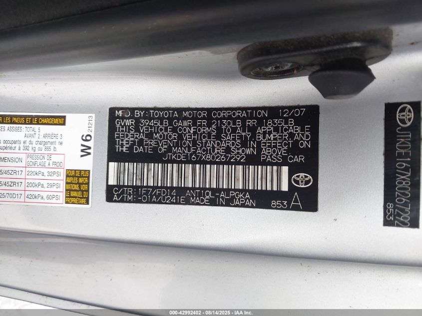 2008 Scion Tc VIN: JTKDE167X80267292 Lot: 42992402