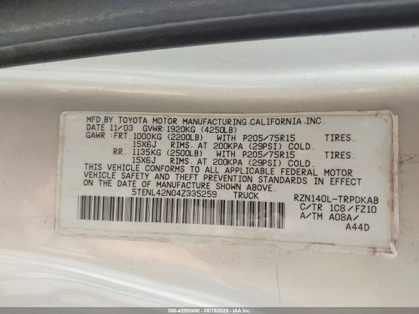 2004 Toyota Tacoma VIN: 5TENL42N04Z335259 Lot: 42992490