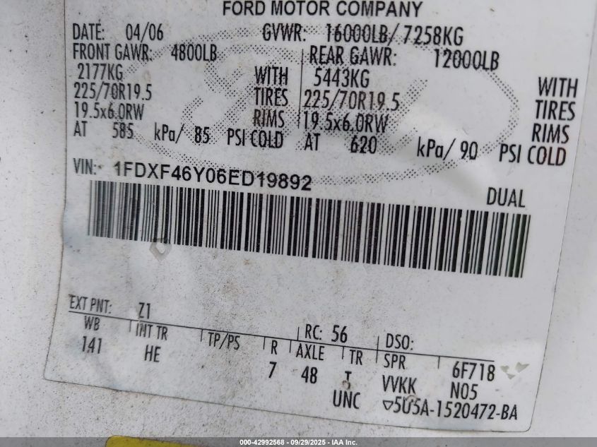 2006 Ford F-450 Chassis Xl/Xlt VIN: 1FDXF46Y06ED19892 Lot: 42992568