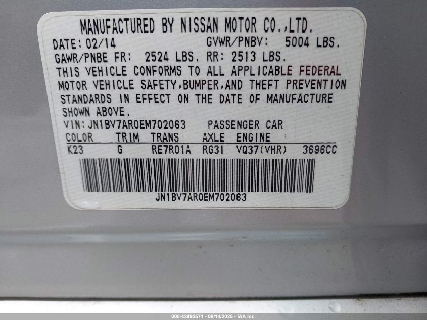 2014 Infiniti Q50 Premium VIN: JN1BV7AR0EM702063 Lot: 42992571