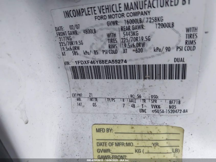 2008 Ford F-450 Chassis Xl/Xlt VIN: 1FDXF46Y88EA55274 Lot: 42992615