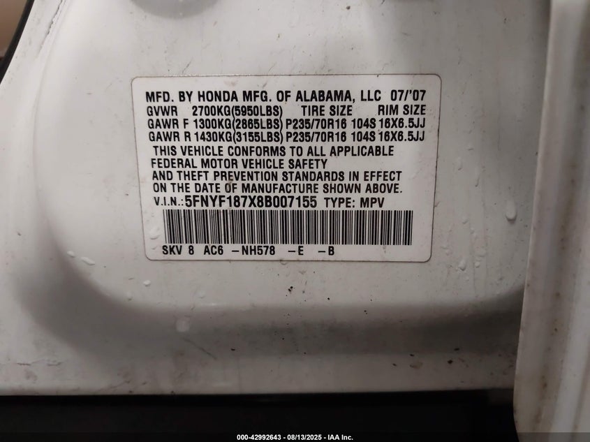 2008 Honda Pilot Ex-L VIN: 5FNYF187X8B007155 Lot: 42992643