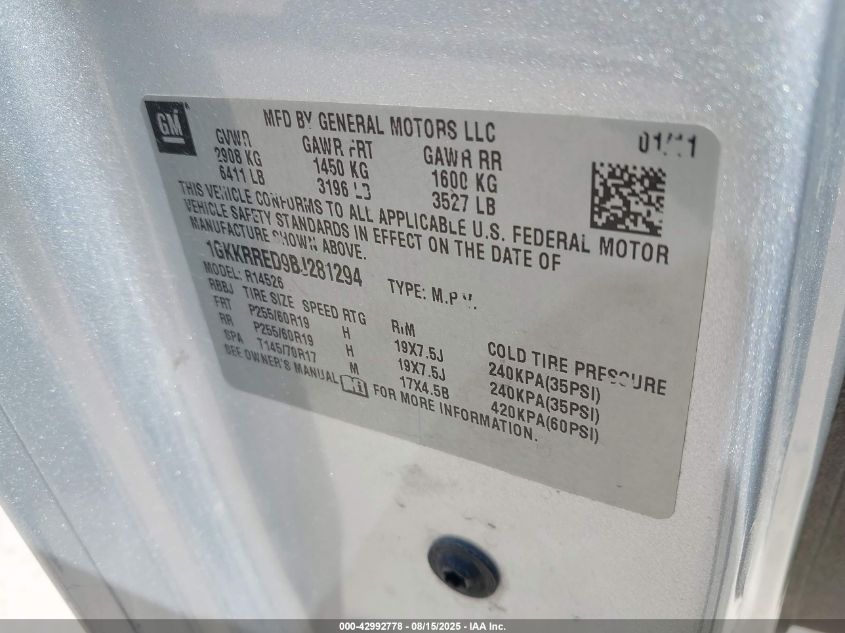 2011 GMC Acadia Slt-1 VIN: 1GKKRRED9BJ281294 Lot: 42992778