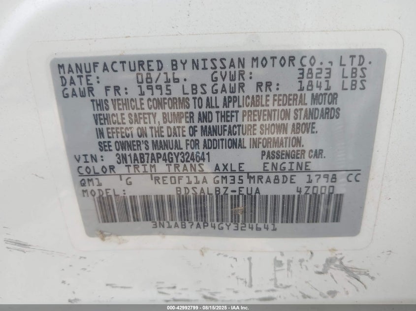 2016 NISSAN SENTRA S 3N1AB7AP4GY324641