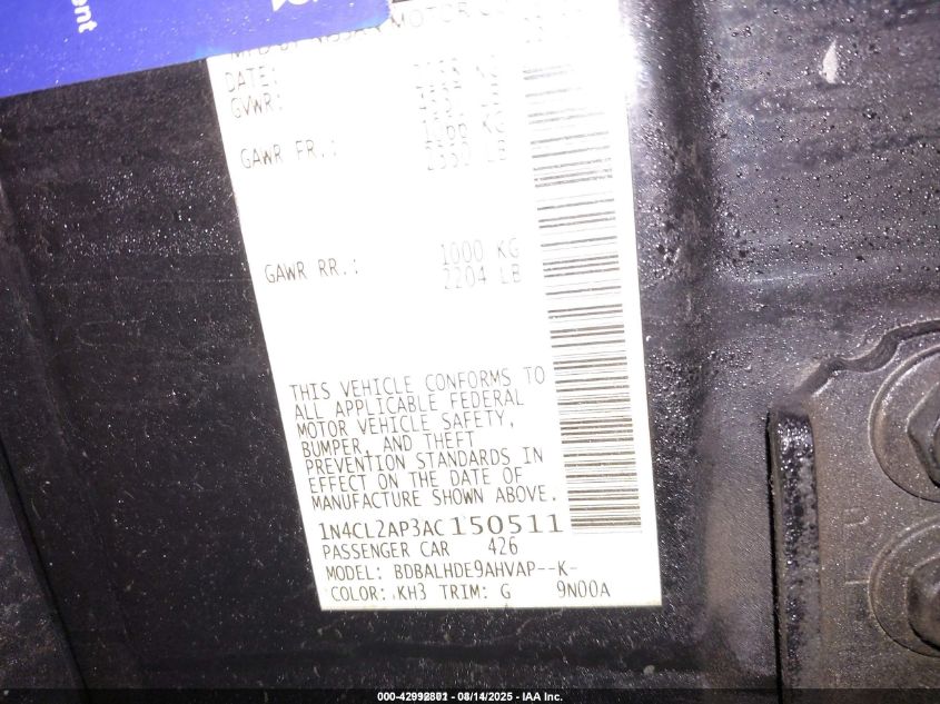 2010 Nissan Altima Hybrid VIN: 1N4CL2AP3AC150511 Lot: 42992801