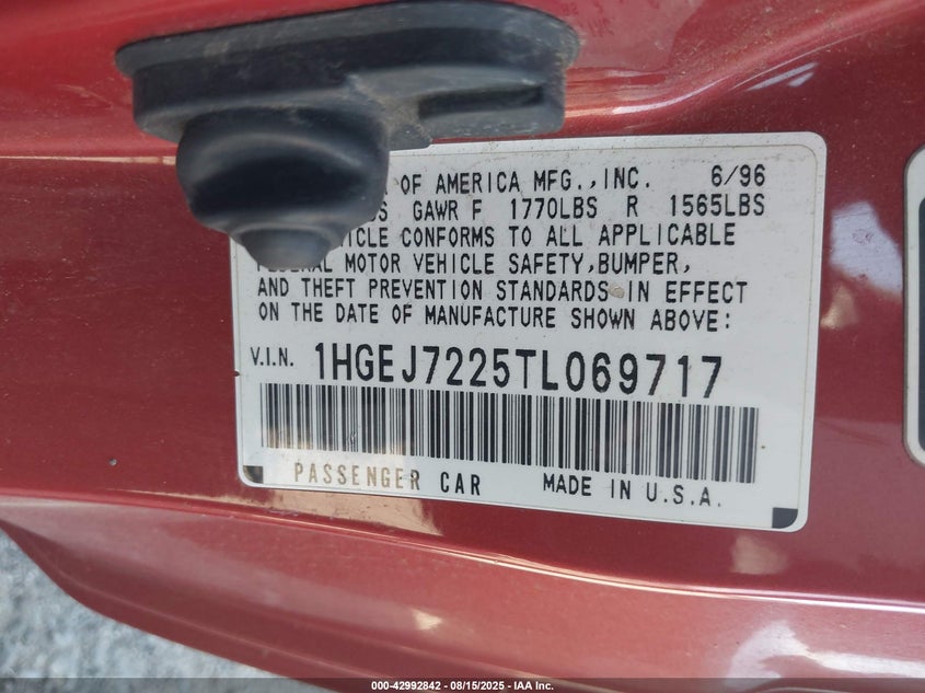 1996 Honda Civic Hx VIN: 1HGEJ7225TL069717 Lot: 42992842