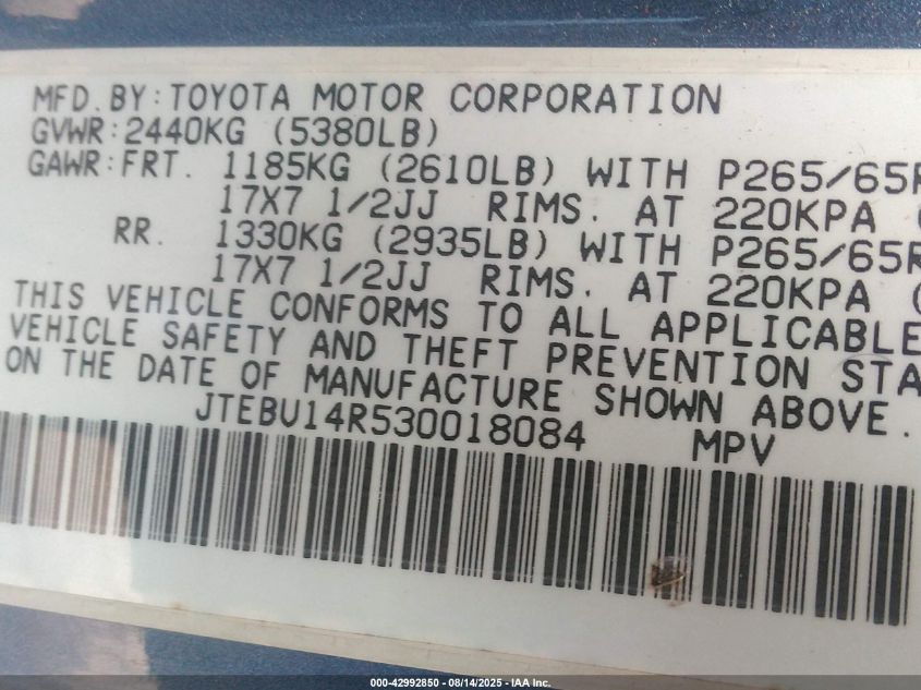 2003 Toyota 4Runner Sr5 V6 VIN: JTEBU14R530018084 Lot: 42992850