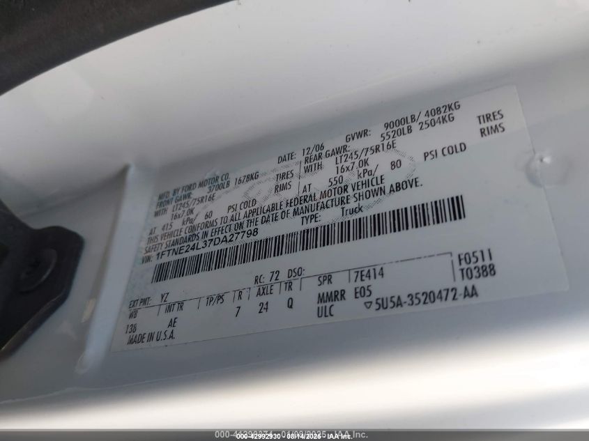 2007 Ford E-250 Commercial/Recreational VIN: 1FTNE24L37DA27798 Lot: 42992930