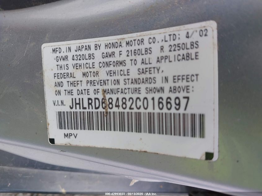 2002 Honda Cr-V Lx VIN: JHLRD68482C016697 Lot: 42993023