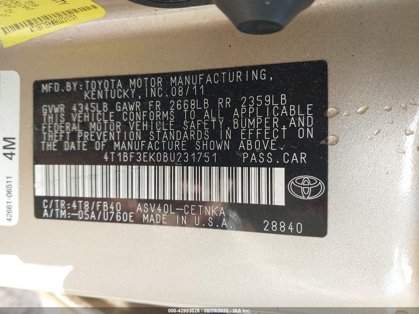 2011 Toyota Camry Le VIN: 4T1BF3EK0BU231751 Lot: 42993026