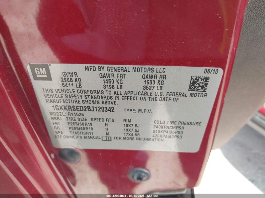 2011 GMC Acadia Slt-2 VIN: 1GKKRSED2BJ120342 Lot: 42993031