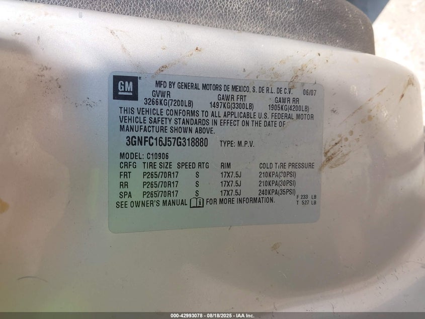 2007 Chevrolet Suburban 1500 Lt VIN: 3GNFC16J57G318880 Lot: 42993078