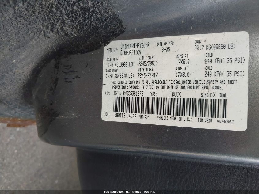 2005 Dodge Ram 1500 Slt/Laramie VIN: 1D7HU18N95S361676 Lot: 42993124