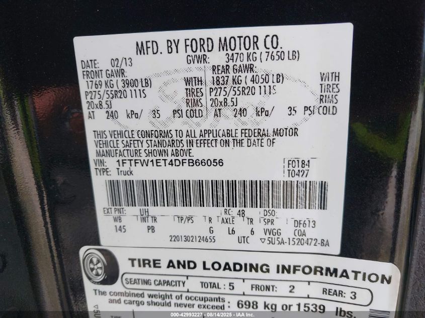 2013 Ford F-150 Platinum VIN: 1FTFW1ET4DFB66056 Lot: 42993227