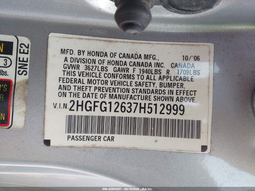 2007 Honda Civic Lx VIN: 2HGFG12637H512999 Lot: 42993297