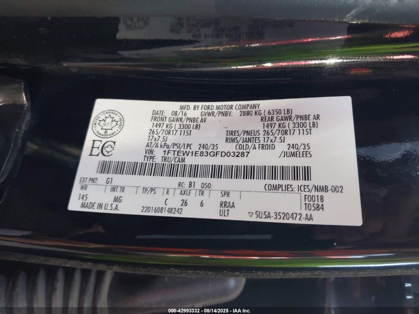 2016 Ford F-150 Xlt VIN: 1FTEW1E83GFD03287 Lot: 42993332