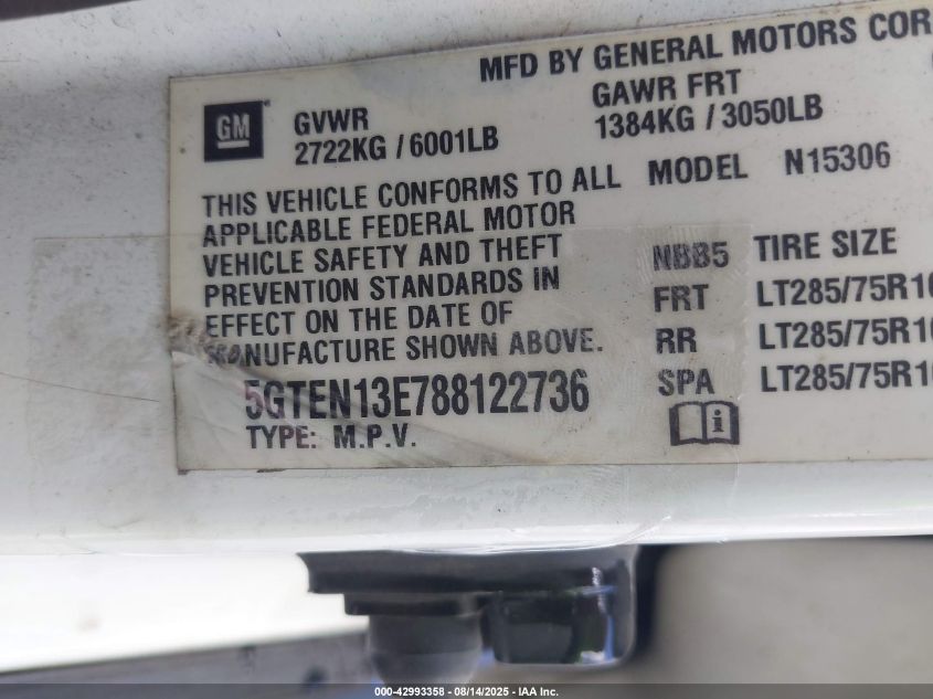 2008 Hummer H3 Suv VIN: 5GTEN13E788122736 Lot: 42993358