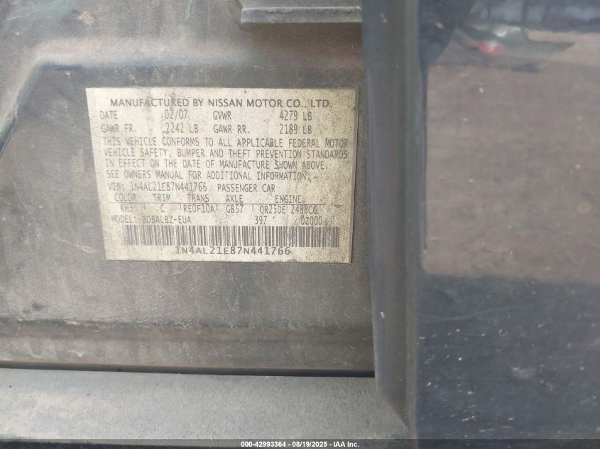 2007 Nissan Altima 2.5 S VIN: 1N4AL21E87N441766 Lot: 42993364