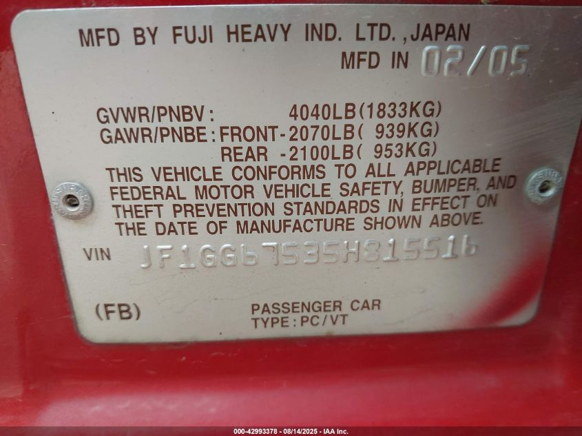 2005 Subaru Impreza 2.5Rs VIN: JF1GG67535H815516 Lot: 42993378