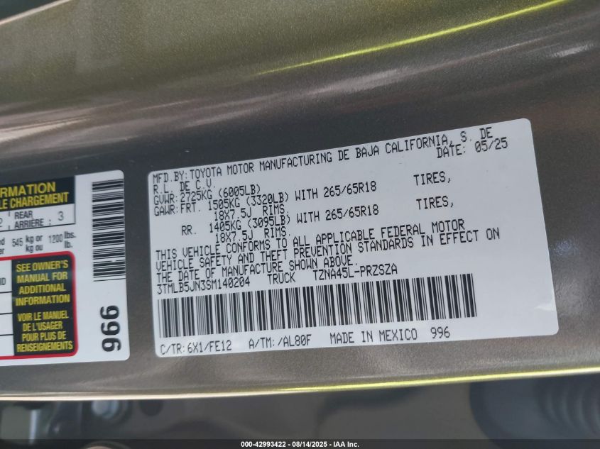 2025 Toyota Tacoma Trd Sport 4Wd VIN: 3TMLB5JN3SM140204 Lot: 42993422