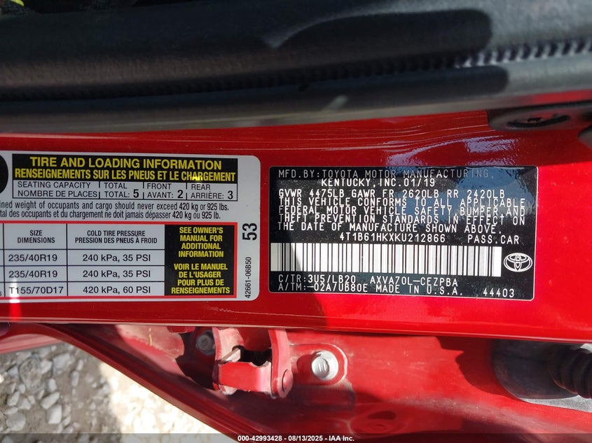 2019 Toyota Camry Xse VIN: 4T1B61HKXKU212866 Lot: 42993428