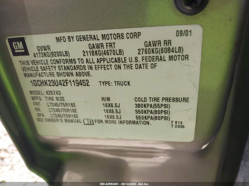 2002 Chevrolet Silverado 2500Hd Ls VIN: 1GCHK23U42F119452 Lot: 42993451