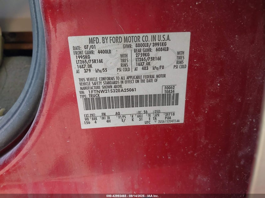 2002 Ford F-250 Lariat/Xl/Xlt VIN: 1FTNW21S32EA25061 Lot: 42993465