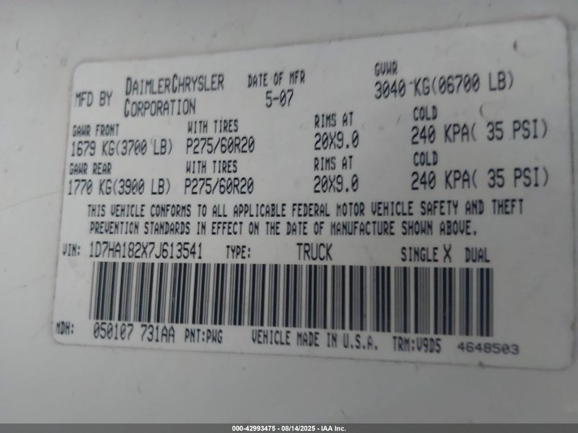 2007 Dodge Ram 1500 Slt VIN: 1D7HA182X7J613541 Lot: 42993475