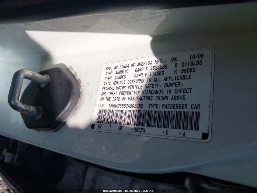 2007 Acura Tl Type S VIN: 19UUA76587A003082 Lot: 42993503