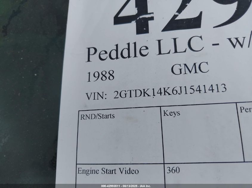 1988 GMC Gmt-400 K1500 VIN: 2GTDK14K6J1541413 Lot: 42993511