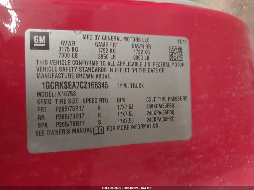 2012 Chevrolet Silverado 1500 Lt VIN: 1GCRKSEA7CZ168345 Lot: 42993566