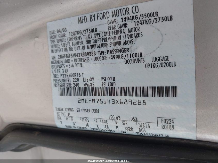 2003 Mercury Grand Marquis Ls VIN: 2MEFM75W43X689288 Lot: 42993567