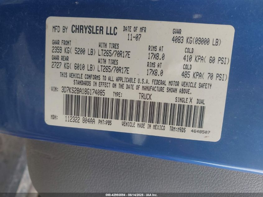 2008 Dodge Ram 2500 Slt/Power Wagon VIN: 3D7KS28A18G174085 Lot: 42993594