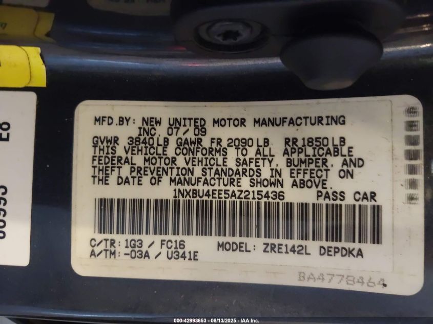 2010 Toyota Corolla Le VIN: 1NXBU4EE5AZ215436 Lot: 42993653