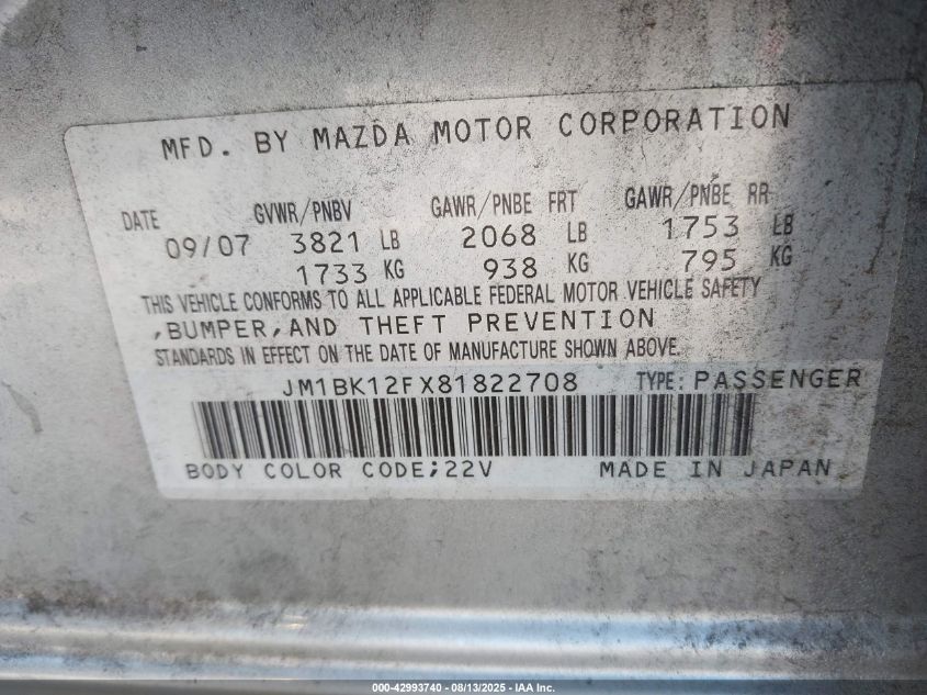 2008 Mazda Mazda3 I Sport VIN: JM1BK12FX81822708 Lot: 42993740
