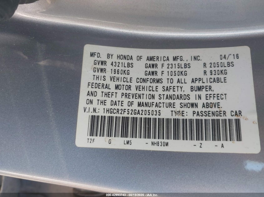 2016 HONDA ACCORD SPORT 1HGCR2F52GA205035