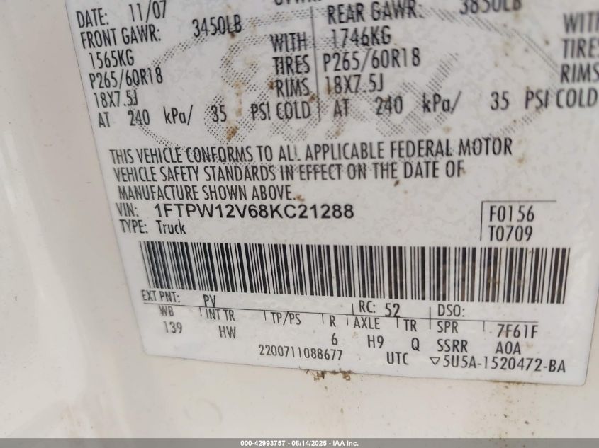 2008 Ford F-150 60Th Anniversary/Fx2/King Ranch/Lariat/Xlt VIN: 1FTPW12V68KC21288 Lot: 42993757