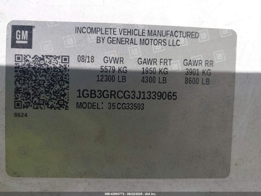 2018 Chevrolet Express Cutaway Work Van VIN: 1GB3GRCG3J1339065 Lot: 42993772