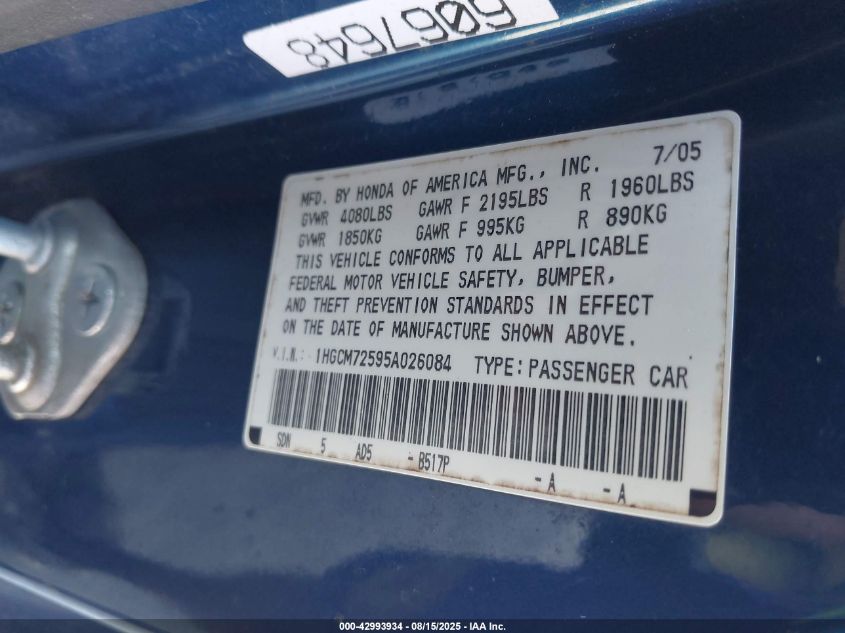 2005 Honda Accord 2.4 Lx Special Edition VIN: 1HGCM72595A026084 Lot: 42993934