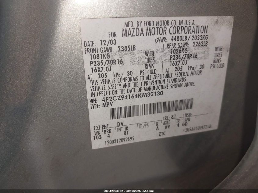 2004 Mazda Tribute Lx V6 VIN: 4F2CZ94164KM32130 Lot: 42993952