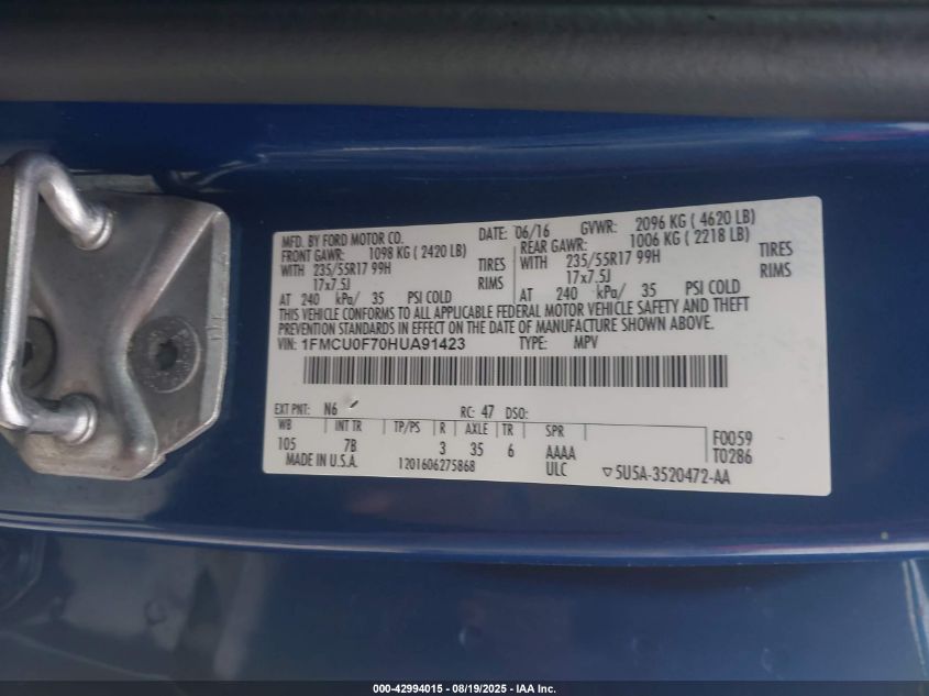 2017 Ford Escape S VIN: 1FMCU0F70HUA91423 Lot: 42994015