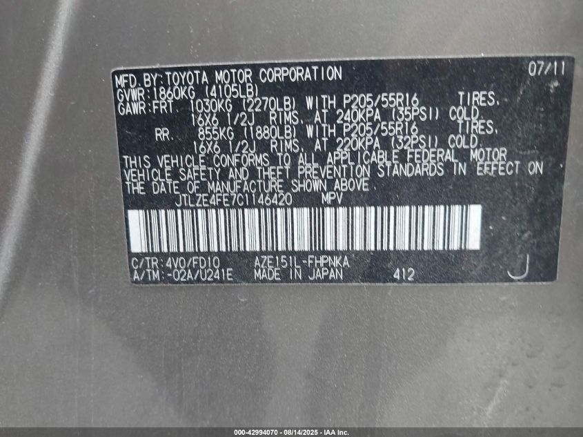 2012 Scion Xb VIN: JTLZE4FE7C1146420 Lot: 42994070