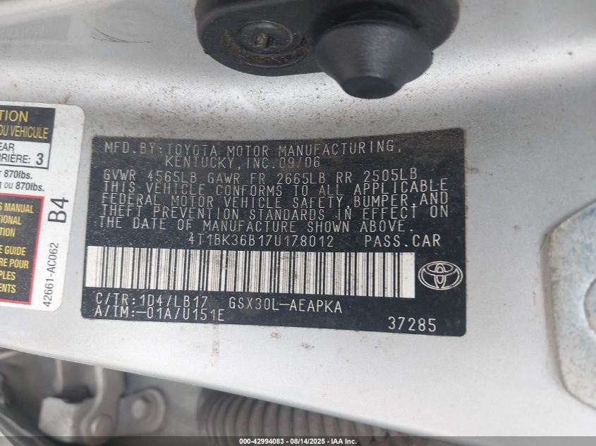 2007 Toyota Avalon Limited VIN: 4T1BK36B17U178012 Lot: 42994083