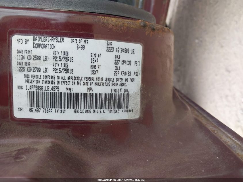 2001 Jeep Cherokee Limited/Sport VIN: 1J4FF58S81L514975 Lot: 42994136