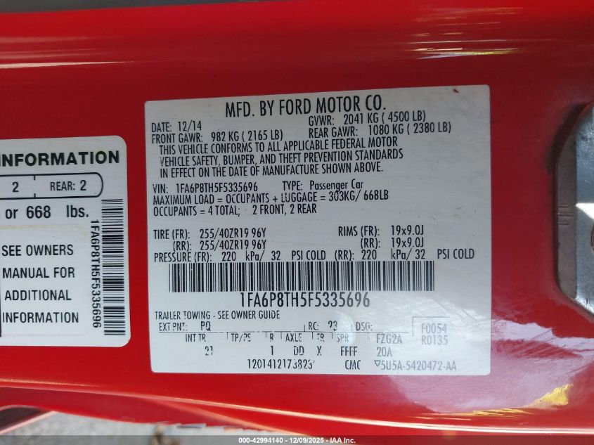 2015 Ford Mustang Ecoboost VIN: 1FA6P8TH5F5335696 Lot: 42994140