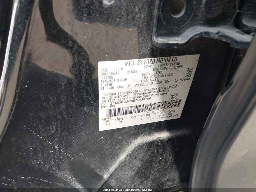 2011 Ford Edge Sel VIN: 2FMDK3JC8BBA38790 Lot: 42994198