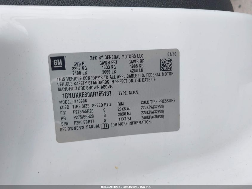 2010 Chevrolet Suburban 1500 Ltz VIN: 1GNUKKE30AR165187 Lot: 42994203